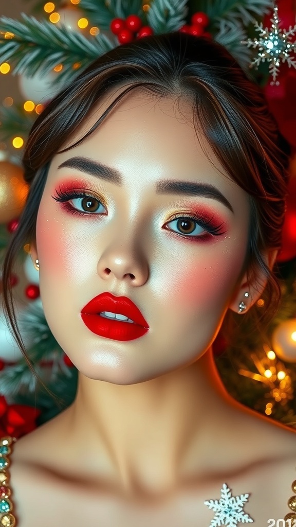K-Pop inspired Christmas makeup with red lips and shimmering eyeshadow.